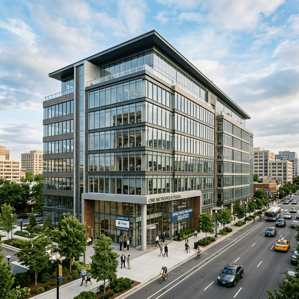 Contemporary glass office building with sidewalk, trees, pedestrians, cyclists, and traffic